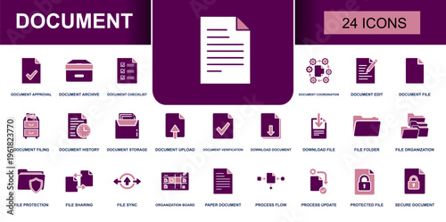 Document icon set. Containing approval, archive, checklist, edit, upload, verification, file folder, sharing, sync, secure file, storage, download and more. Solid vector icons collection.