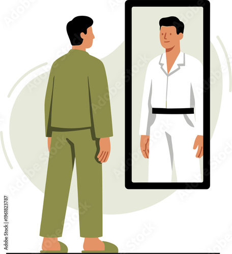 Man in green clothes standing next to a virtual illustration of himself wearing white outfit on a screen