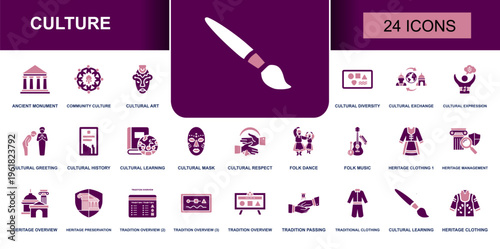 Culture icon set. Containing monument, cultural art, diversity, exchange, greeting, folk dance, folk music, heritage clothing, preservation and more. Solid vector icons collection.