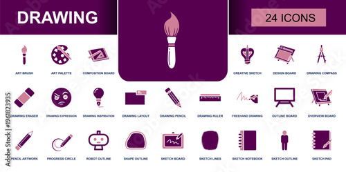 Drawing icon set. Containing art brush, palette, compass, pencil, ruler, sketch pad, layout, freehand drawing, outline board, notebook, design tools and more. Solid vector icons collection.
