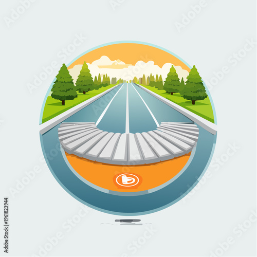 Elevated highway passing through a scenic landscape with trees and a clear sky