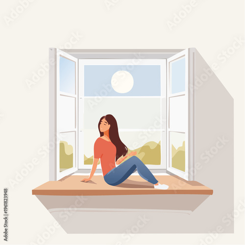 Serene morning light bathes a thoughtful woman enjoying the view from an open window