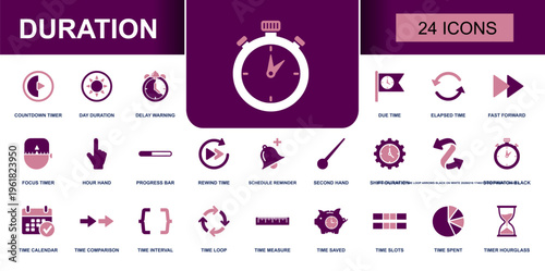 Duration icon set. Containing countdown timer, day duration, delay warning, due time, elapsed time, fast forward, focus timer, progress bar, calendar, hourglass and more. Solid vector icons.