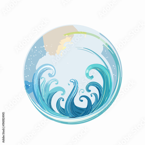 Abstract blue ocean waves with a subtle sun and sky in a circular graphic