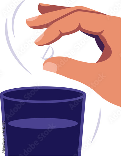 A hand is dropping a single water droplet into a full glass cup.