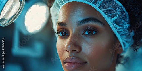 Close-up of woman wearing surgical cap under bright purple examination light, showing detailed skin texture and focused gaze in clinical setting. Generative by AI.