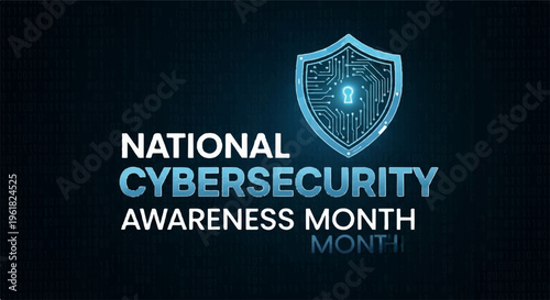 National cybersecurity awareness month shield logo on dark background with code