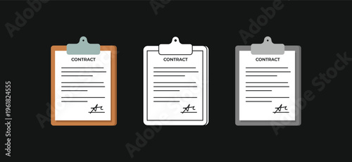 Three clipboards display contract templates with signatures. Each features a simple, clean design with minimal lines. No faces or emotions appear in this illustration. Ideal for legal, business