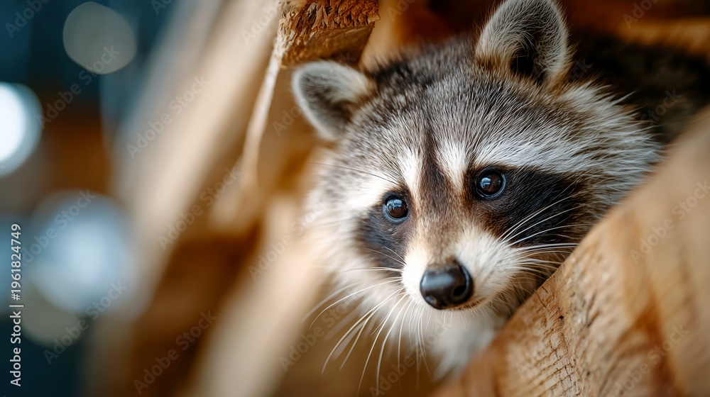 Obraz premium Curious raccoon peeking from behind rough tree bark