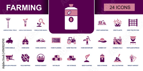 Farming icon set. Containing barn, beehive, corn cob, cow, egg basket, hay bale, honey jar, tractor, watering can, wheat stalk, livestock, farm equipment and more. Solid vector icons.