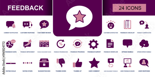 Feedback icon set. Containing customer review, feedback checklist, survey, rating stars, suggestion box, thumbs up, thumbs down, user response, opinion bubble and more. Solid vector icons.