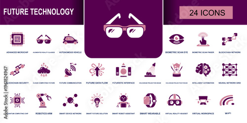 Future technology icon set. Containing microchip, augmented reality glasses, autonomous vehicle, biometric scan, robot assistant, virtual reality headset and more. Solid vector icons.
