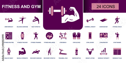 Fitness and gym icon set. Containing dumbbell weight, exercise mat, fitness coach, gym bench, gym gloves, treadmill run, water bottle, training, workout plan and more. Solid vector icons.