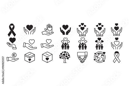 Charity and donation icon set, 21 black line and solid vector elements, nonprofit organization symbols for volunteering and community support