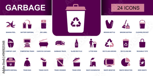 Garbage icon set. Containing banana peel, battery disposal, broken bottle, compost, garbage truck, recycling bin, trash bag, waste reduction, zero waste and more. Solid vector icons.