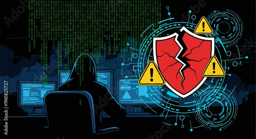 Hacker sitting in front of computer with broken shield and warning signs indicating cyber threat or data breach