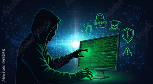Hacker in hoodie accessing computer with green glow surrounded by security icons in dark background