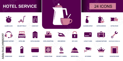 Hotel service icon set. Containing alarm clock, bellhop trolley, coffee service, hotel bed, reception, luggage suitcase, room key, safe box, service bell and more. Solid vector icons.