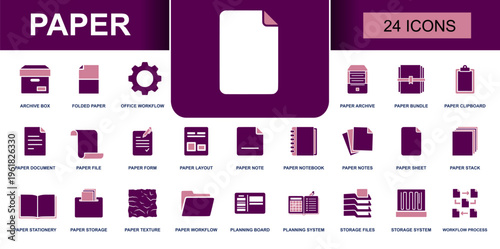 Paper icon set. Containing archive box, folded paper, paper clipboard, paper document, paper notebook, paper sheet, paper stack, stationery, storage files and more. Solid vector icons.