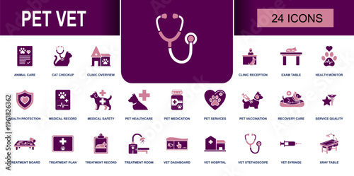 Pet vet icon set. Containing animal care, cat checkup, clinic reception, exam table, pet vaccination, treatment plan, vet hospital, vet syringe, X-ray table and more. Solid vector icons.