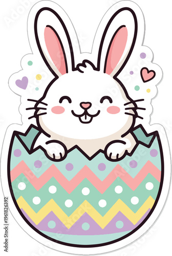 Cute Easter Bunny Vector Sticker. Happy rabbit peeking out of pastel egg isolated.