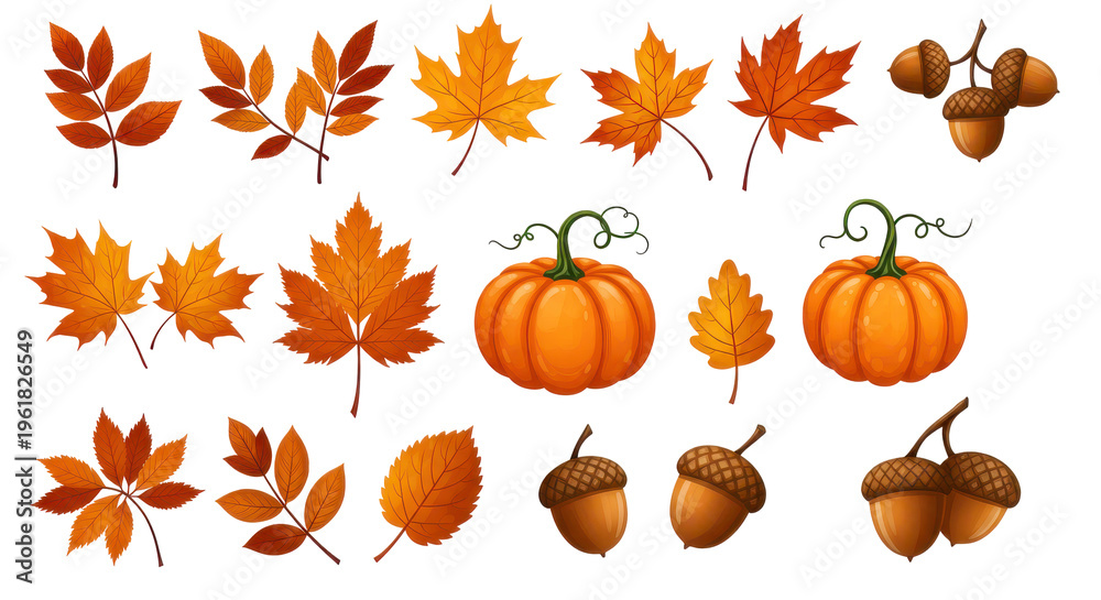 Naklejka premium Autumnal array vibrant leaves, pumpkins, and acorns in a festive display isolated on white background