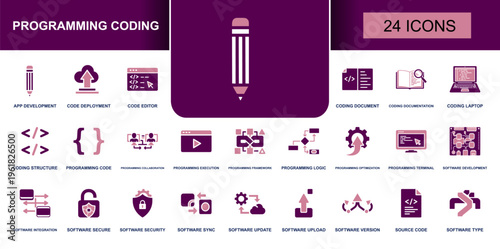 Programming coding icon set. Containing app development, code editor, coding laptop, programming logic, software integration, source code, software security and more. Solid vector icons.