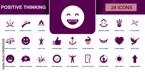Positive thinking icon set. Containing bright future, calm mind, cheerful mood, happy face, joyful smile, hope anchor, inner strength, confidence, sunny mood and more. Solid vector icons.