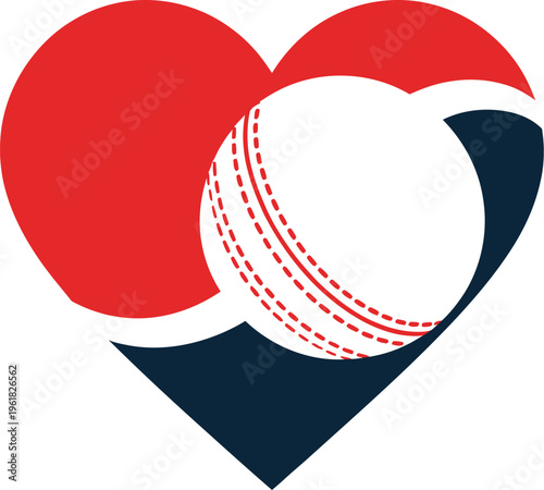 Red and Navy Heart Embracing a Cricket Ball with Red Stitching love sport