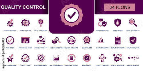 Quality control icon set. Containing defect reduction, inspection magnifier, product inspection, quality assurance, quality checklist, compliance, workflow and more. Solid vector icons.
