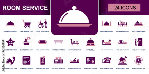 Room service icon set. Containing covered food tray, food delivery cart, guest dining service, hotel bell, room service call, menu, order tray, service bell and more. Solid vector icons.