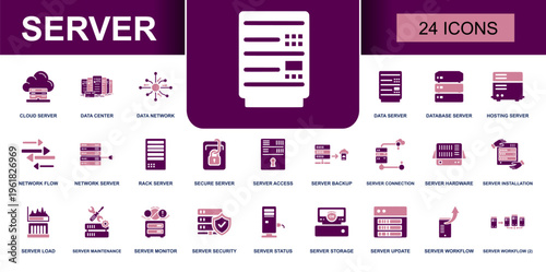 Server icon set. Containing cloud server, data center, database server, hosting server, rack server, server backup, server connection, server security, storage and more. Solid vector icons.