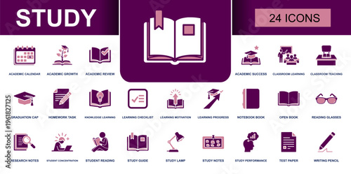 Study icon set. Containing academic calendar, classroom learning, graduation cap, homework task, open book, research notes, study guide, study lamp, test paper and more. Solid vector icons.