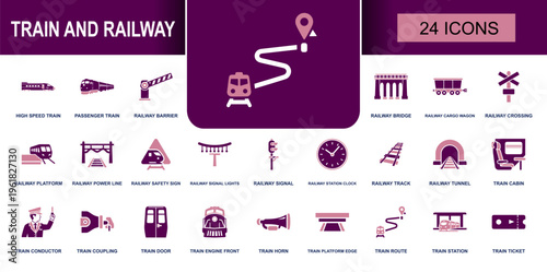 Train and railway icon set. Containing high speed train, railway barrier, crossing, station clock, railway track, train conductor, train horn, station, ticket and more. Solid vector icons.
