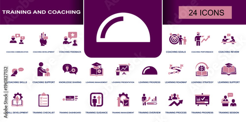 Training and coaching icon set. Containing coaching goals, knowledge sharing, learning progress, training session, skill development, guidance and more. Solid vector icons collection.