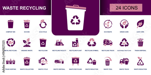 Waste recycling icon set. Containing recycle bin, eco waste, recycling truck, trash sorting, waste collection, recycling symbol and more. Solid vector icons collection for environment use.