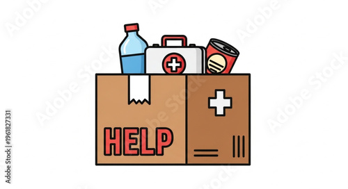 Help Box with First Aid Kit and Water Bottle Illustration.