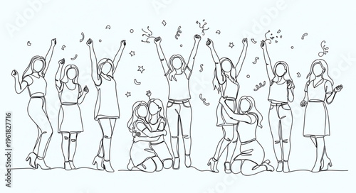 Line Art Celebration - Group of People Cheering with Confetti.