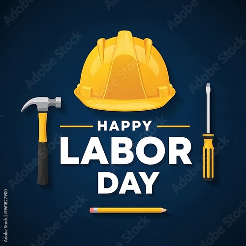 Modern Labor Day celebration poster featuring a yellow construction safety helmet placed above bold typography saying “Happy Labor Day”