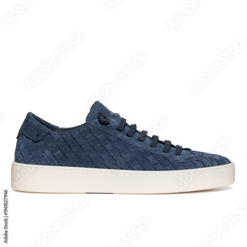 blue suede woven sneaker side view