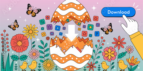 A colorful Easter-themed vector graphic illustration of a hand downloading social media icons from a cracked egg surrounded by flowers, butterflies, and chicks.