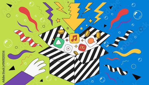 A vibrant and playful vector graphic illustration of a hand opening a box filled with various colorful icons and symbols.