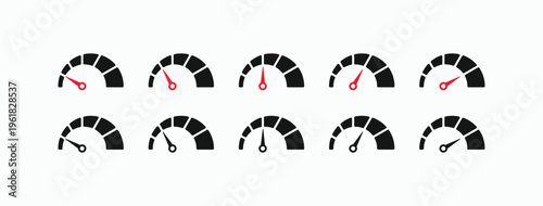 Ten minimalist speedometers in two rows. Each gauge has a distinct needle position. Grey dials contrast with clean white background. Red needles highlight specific values