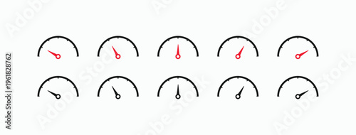 Six gauges with black and red needles. Each shows different readings on a simple dial. Minimalist design for digital or print projects. Ideal for dashboards, speed, or progress indicators