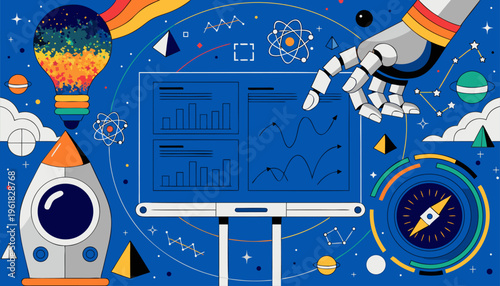 A colorful vector illustration of a robotic hand interacting with a computer monitor surrounded by space and science symbols
