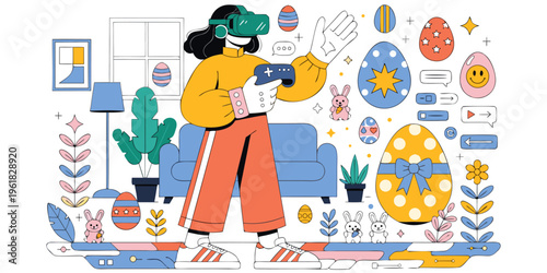 A woman wearing virtual reality goggles and holding a controller in a living room with Easter decorations