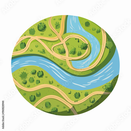 Bird's-eye view of a winding river and dirt roads through a green landscape