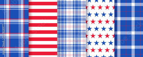 America independence day backgrounds. Patriotic seamless pattern. 4th July textures. Set of blue red geometric backdrops with stars stripes and plaid. American flag prints. Vector illustration.