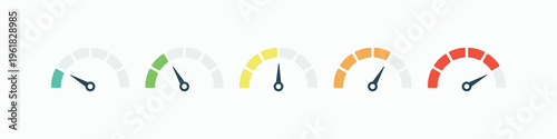 Five colorful gauges show progress from low to high. Each has a pointer and curved scale. Simple design fits modern interfaces. Ideal for dashboards or performance charts