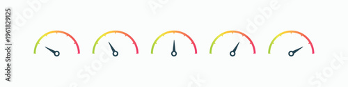 Five colorful gauges show varying levels of progress. Each meter has a unique needle position. They suggest measurement, growth, or status. Ideal for dashboards, progress tracking, or goal visuals